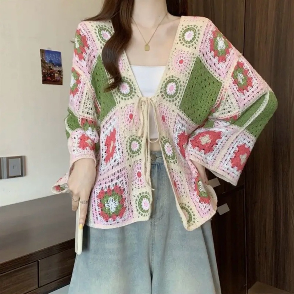 Pink Granny Square Crochet Cardigan Sweater